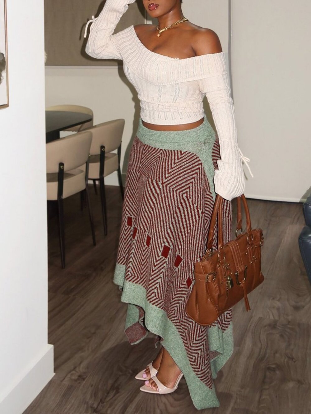 Multicolor Casual Women's Knitwear Asymmetrical Colorblock Midi Skirt